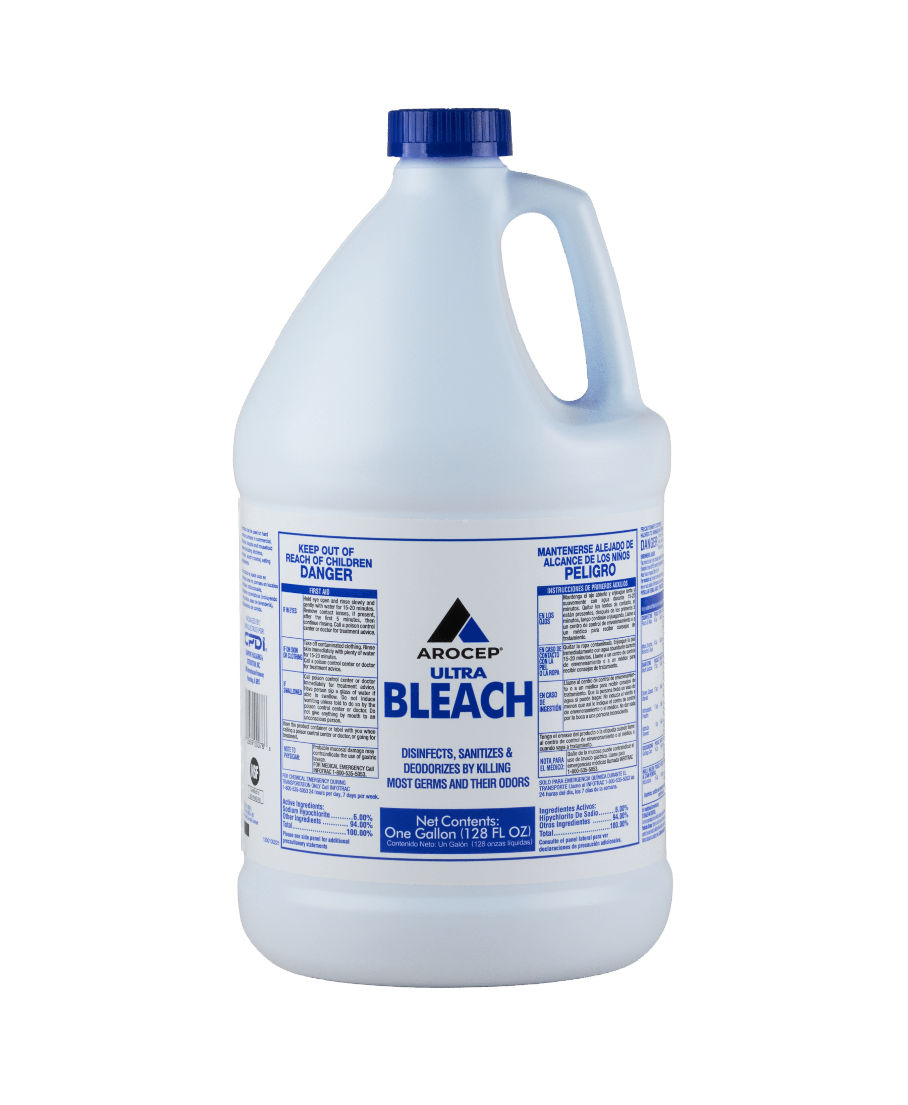 A white bottle of Arocep Ultra Bleach. The label reads "disinfects, sanitizes and deodorizes by killing most germs and their odors".