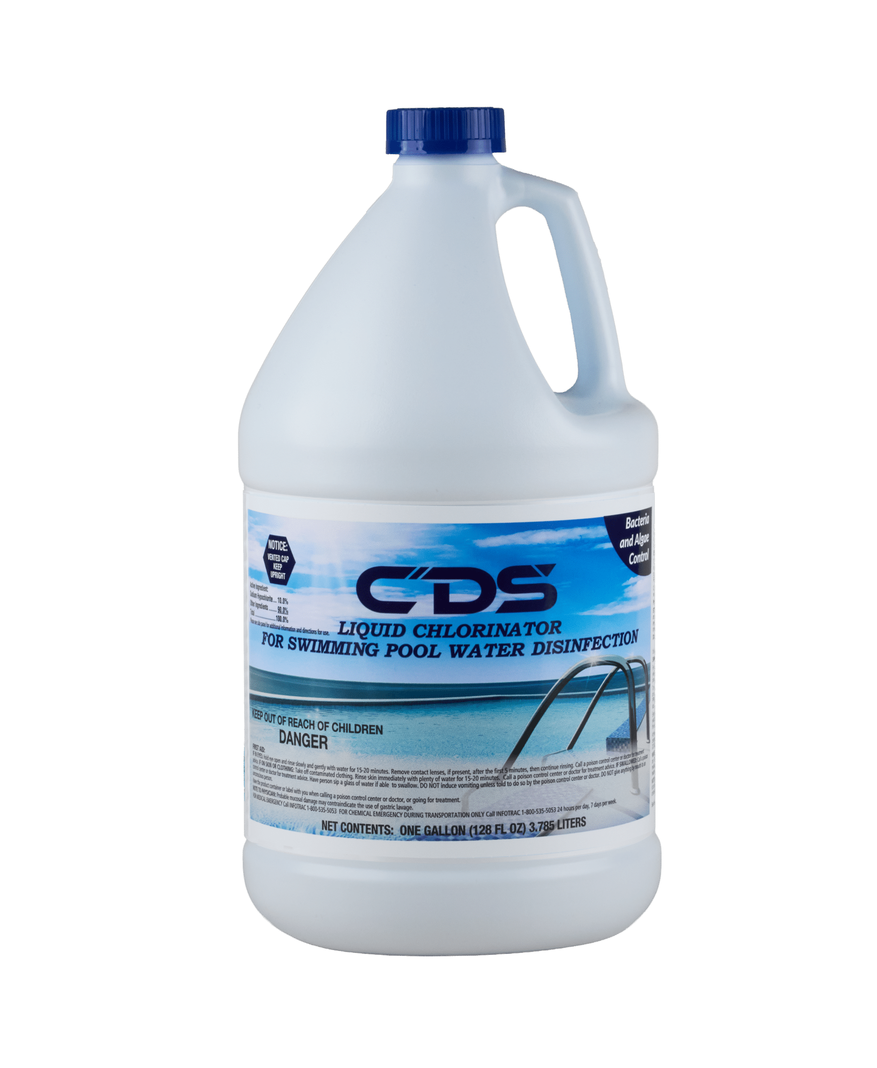 A white bottle of CDS Liquid Chlorinator has a blue label on it with an image of a swimming pool and a blue cap.