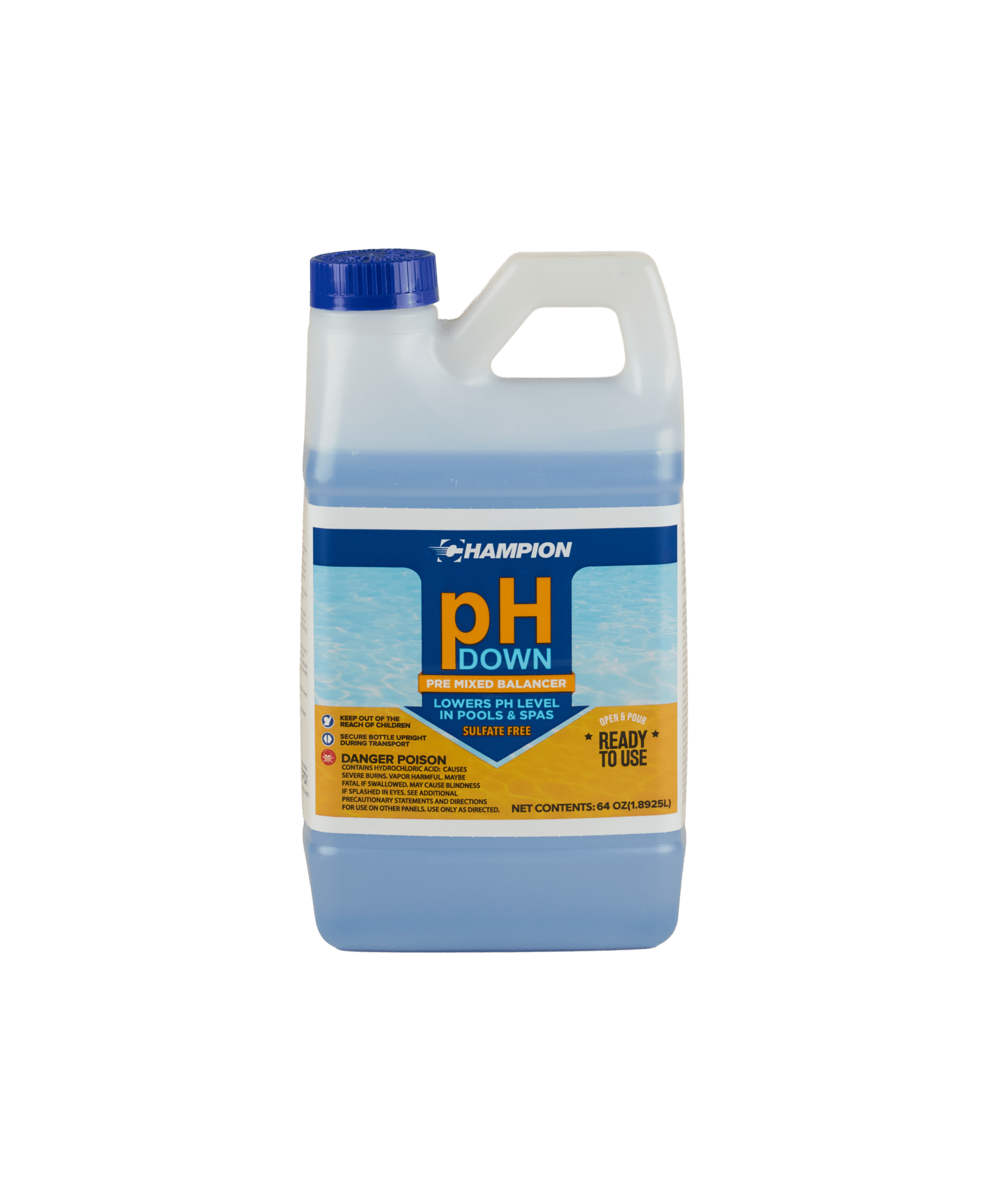 A clear bottle of Champion pH Down filled with blue liquid. The label reads "Lowers PH levels in pools and spas".