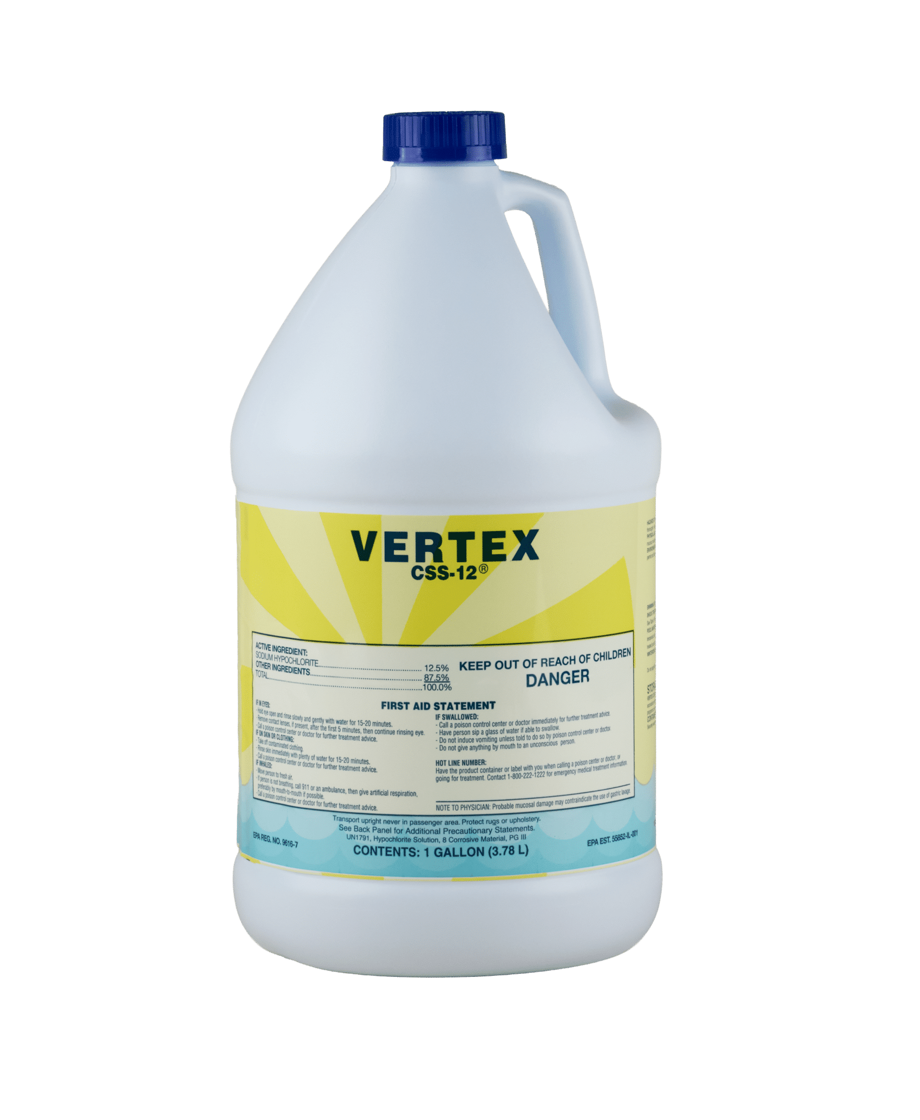 A white bottle of Vertex CSS-12 with a yellow label on it.