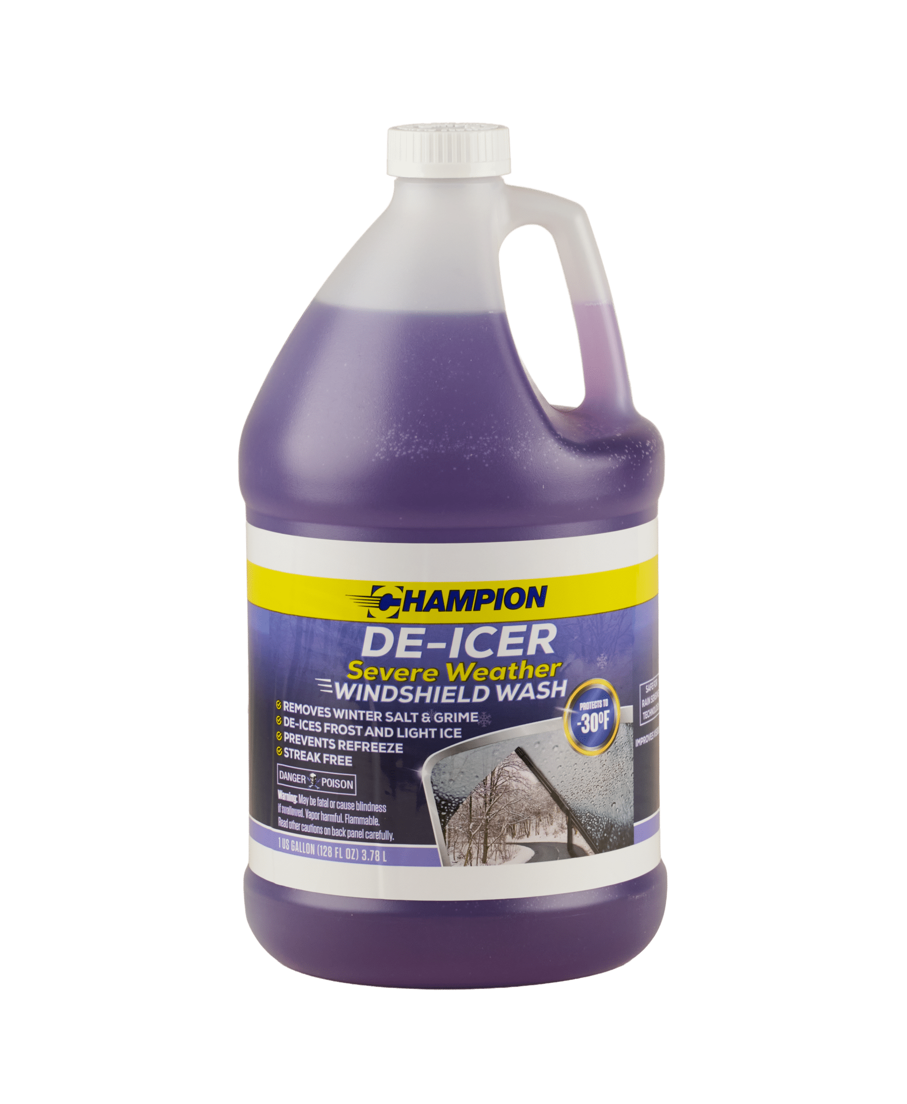 A clear bottle of Champion De-Icer Severe Weather Windshield Wash filled with purple liquid. The bottle's label explains the purpose of the product, "removes winter salt and grime, de-ices frost and light ice, prevents refreeze, streak free".