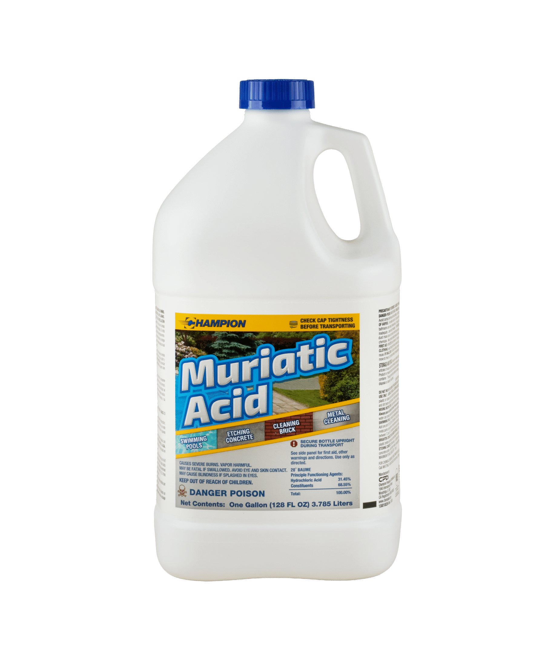 A white bottle of Champion Muriatic Acid. The label shows the different environments this product can be applied to including cleaning brick, metal cleaning, etching concrete, and swimming pools.
