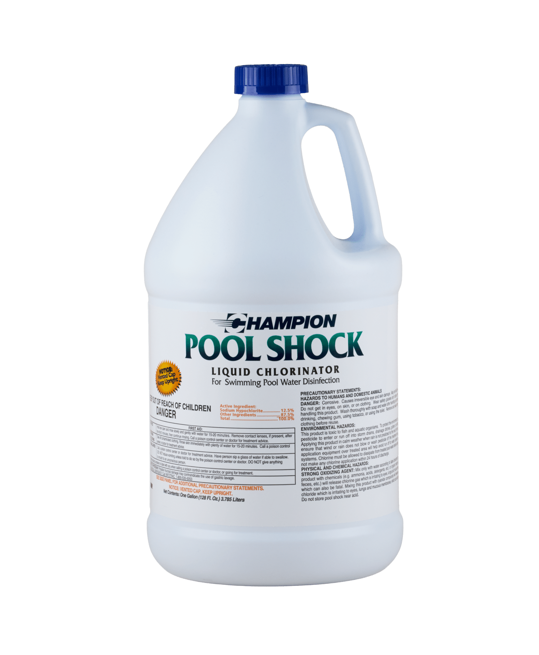 A white bottle of Champion Pool Shock Liquid Chlorinator for swimming pool water disinfection.