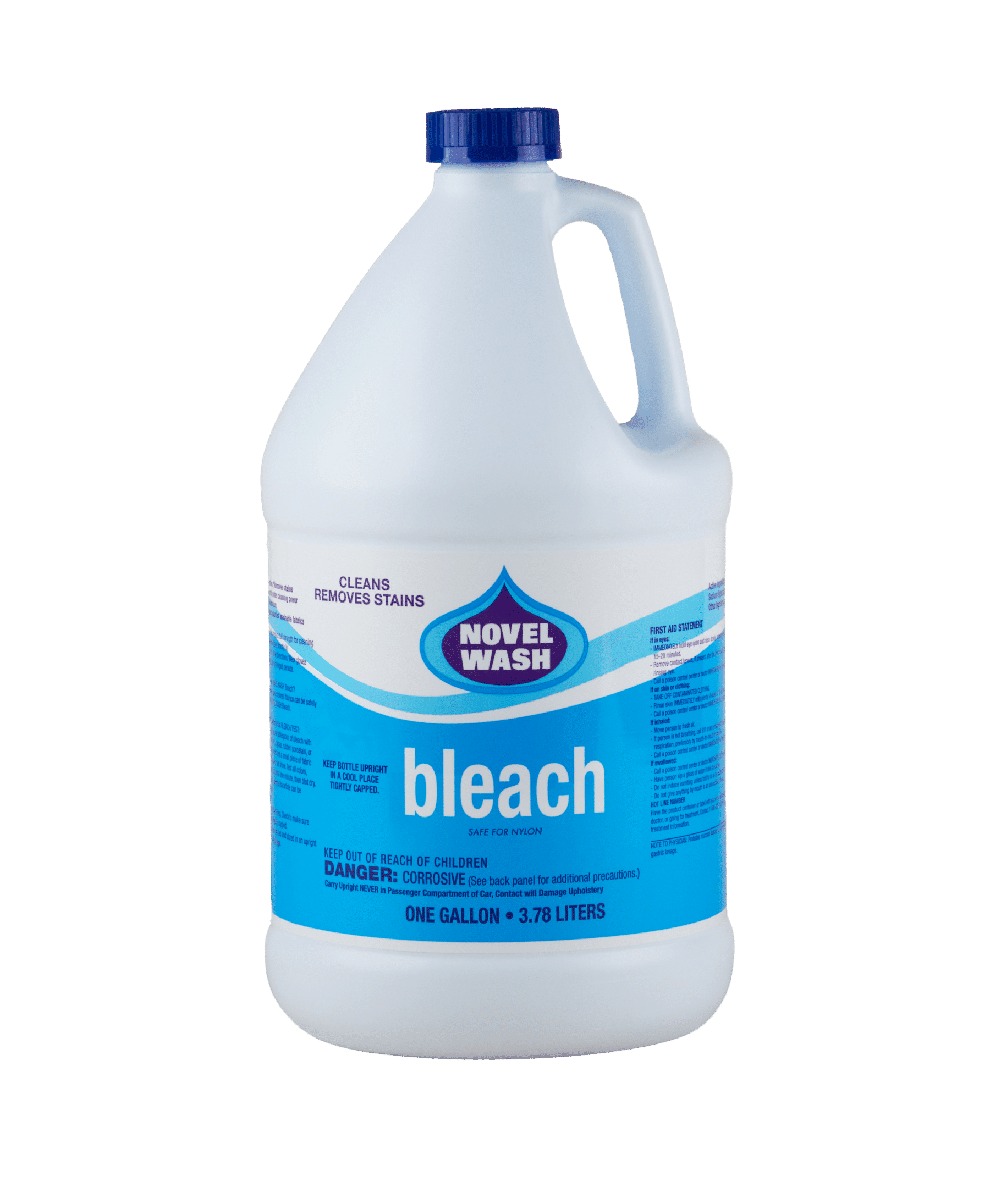 A white bottle of Novel Wash bleach. The label is half white and half blue with a label that says "Cleans and removes stains".