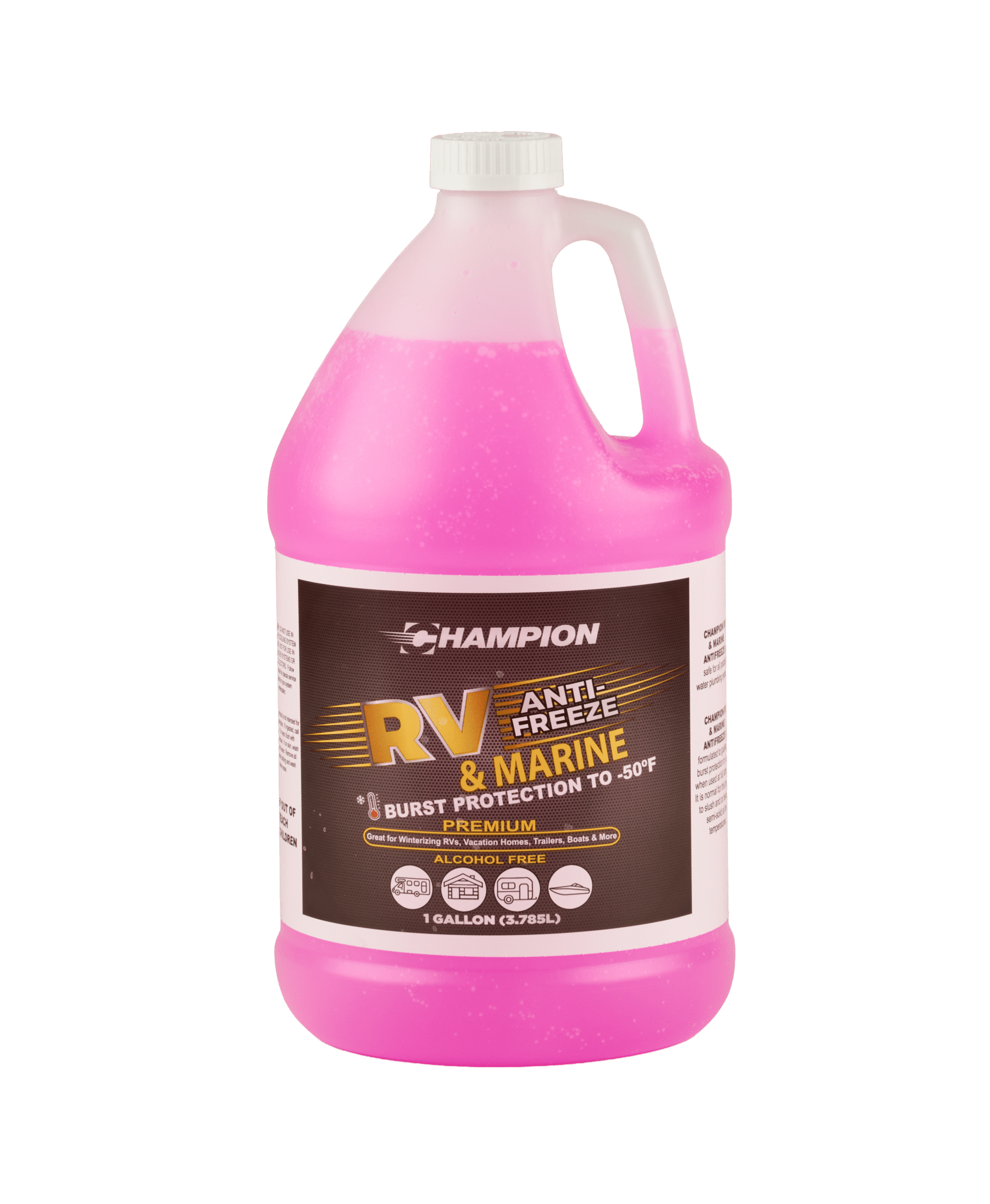 A bottle of Champion RV Anti-Freeze & Marine filled with pink liquid. The bottle reads "Burst protection to -50 degrees fahrenheit"