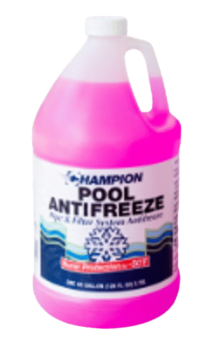 A clear bottle of Champion Pool Antifreeze filled with pink liquid. The label has a snowflake on it.