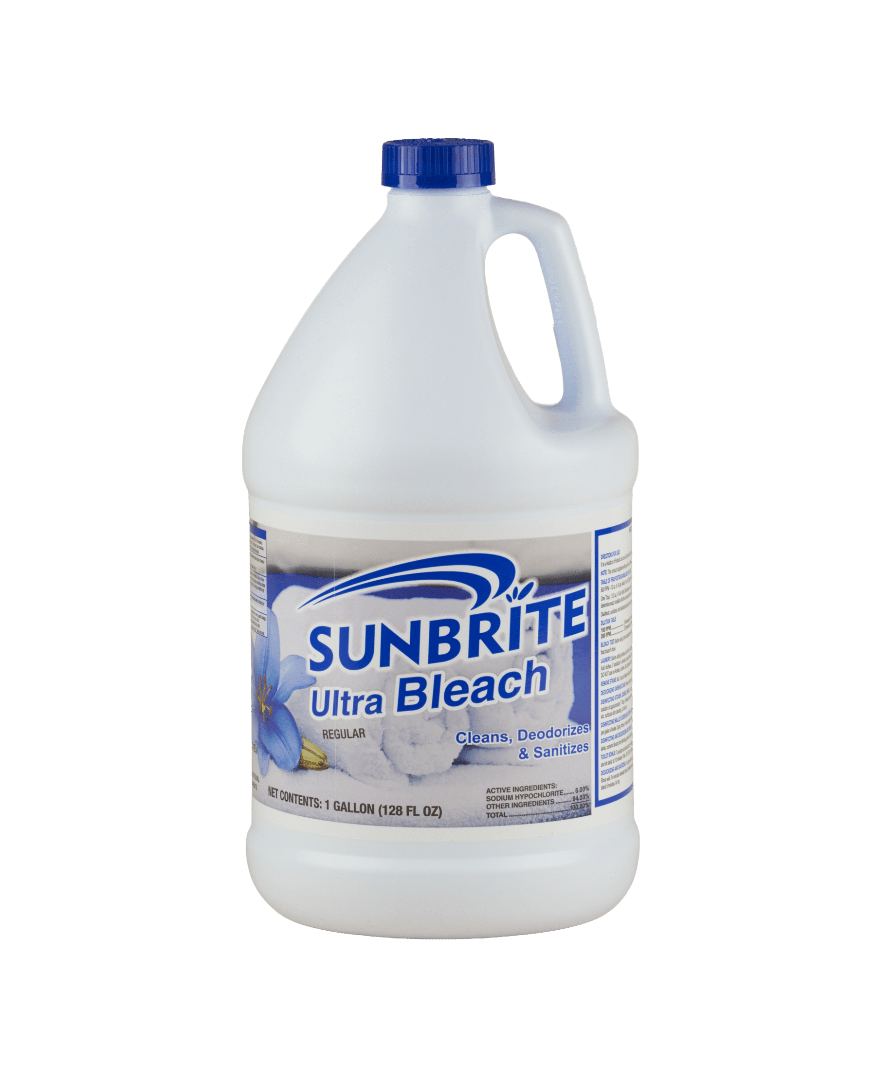 A white bottle of Sunbrite Ultra Bleach. The label shows clean, white towels and says "Cleans, deodorizes & Sanitizes".
