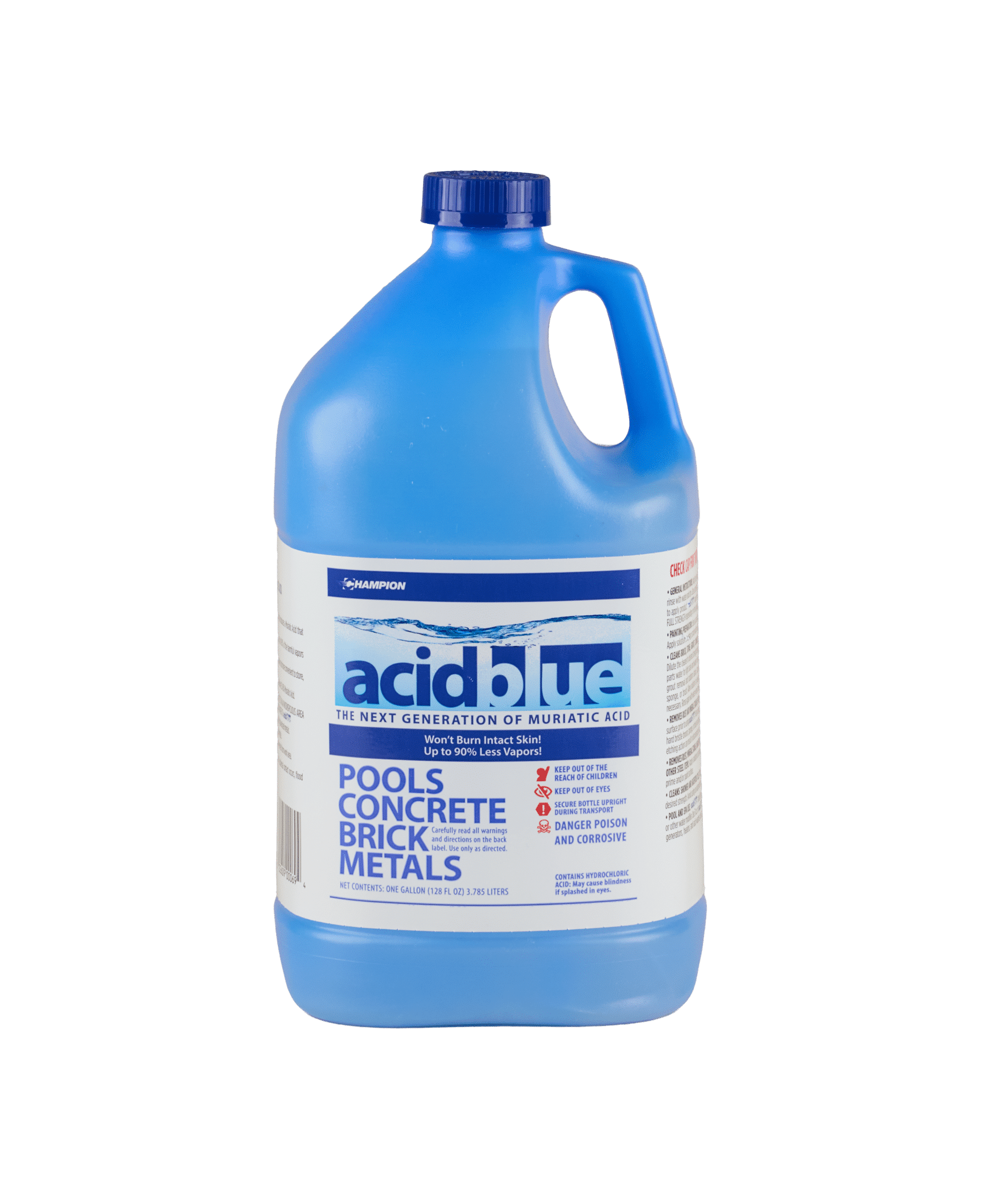 A blue botle of Champion acidblue. The label says "The next generation of muriatic acid, won't burn intact with skin, up to 90% less vapors"