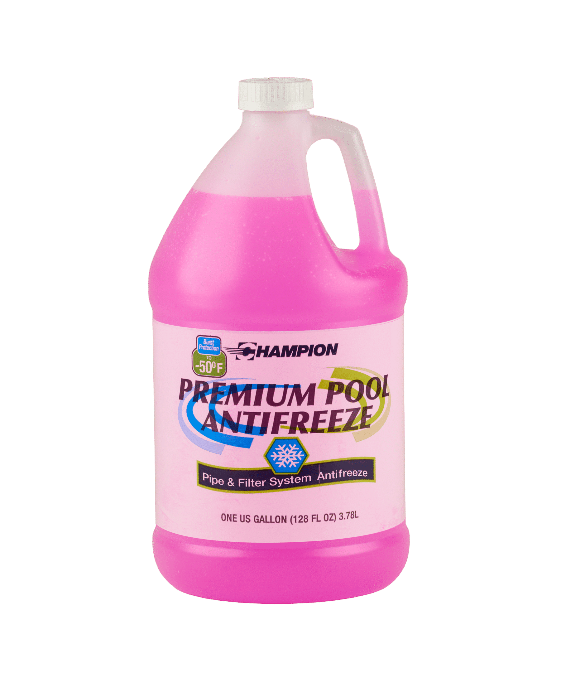 A clear bottle of Champion Premium Pool Antifreeze filled with pink liquid. The label reads "Burst protection to -50 degrees fahrenheti".