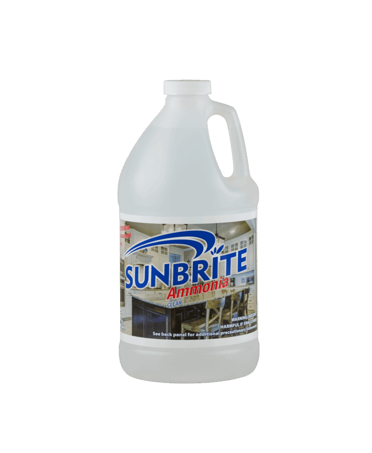 A white bottle of Sunbrite ammonia with clear liquid within it.