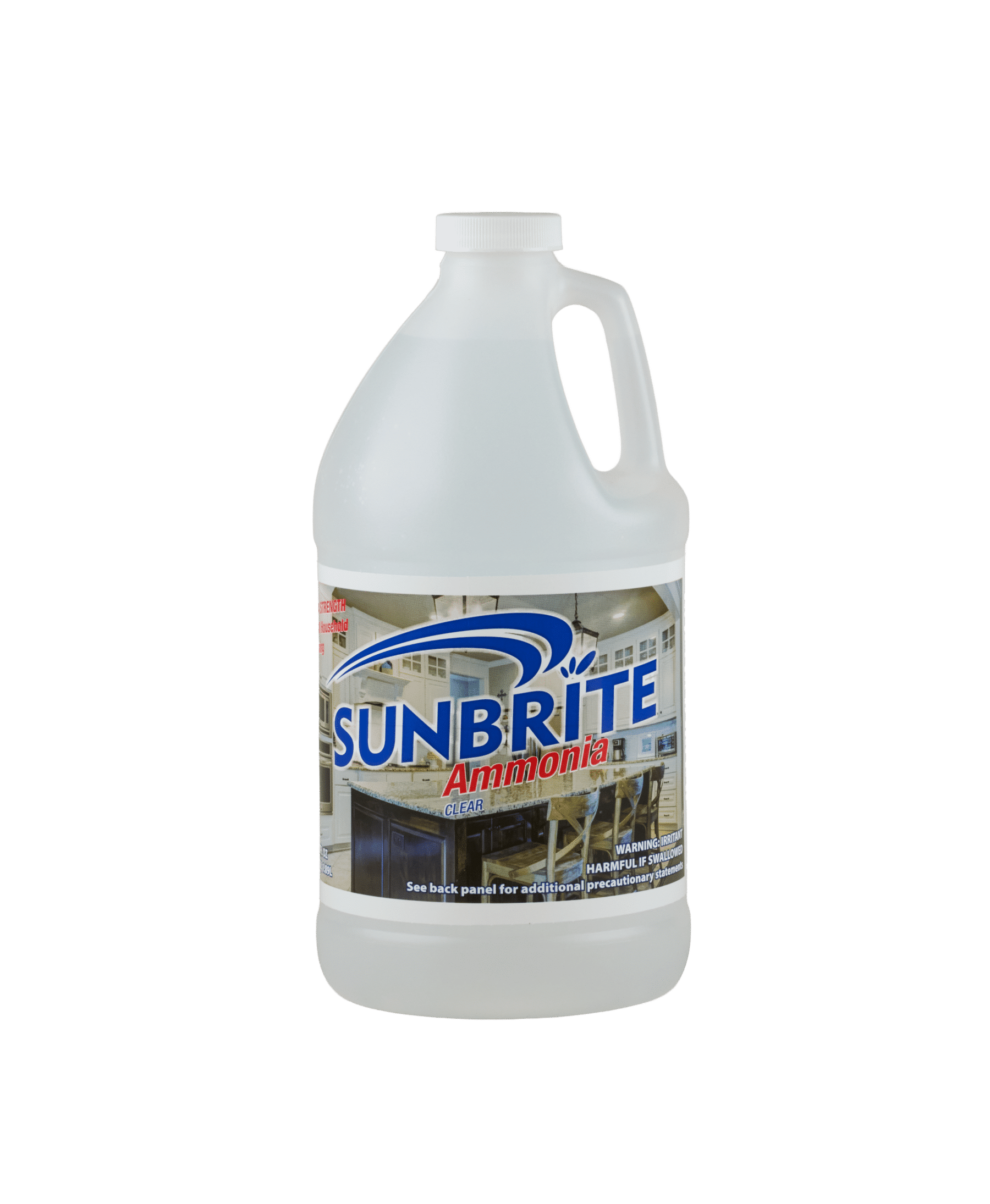 A white bottle of Sunbrite ammonia with clear liquid within it.